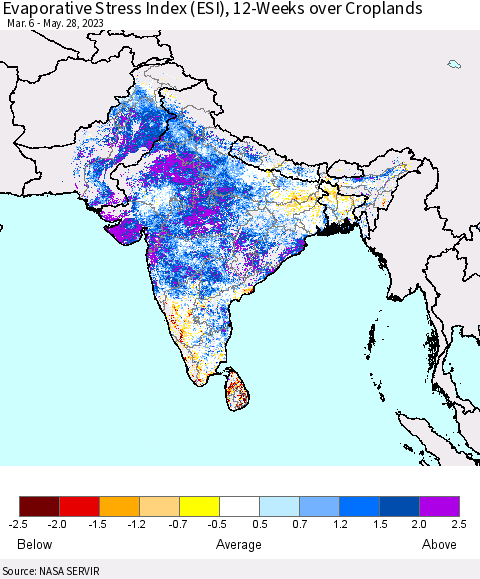 Southern Asia Evaporative Stress Index (ESI), 12-Weeks over Croplands Thematic Map For 5/22/2023 - 5/28/2023