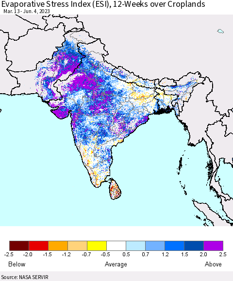 Southern Asia Evaporative Stress Index (ESI), 12-Weeks over Croplands Thematic Map For 5/29/2023 - 6/4/2023