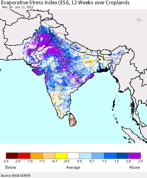 Southern Asia Evaporative Stress Index (ESI), 12-Weeks over Croplands Thematic Map For 6/5/2023 - 6/11/2023