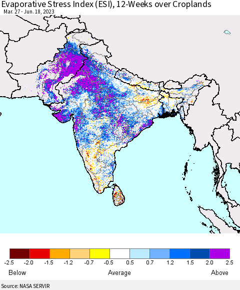 Southern Asia Evaporative Stress Index (ESI), 12-Weeks over Croplands Thematic Map For 6/12/2023 - 6/18/2023