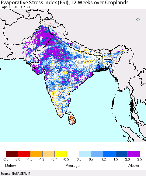 Southern Asia Evaporative Stress Index (ESI), 12-Weeks over Croplands Thematic Map For 7/3/2023 - 7/9/2023