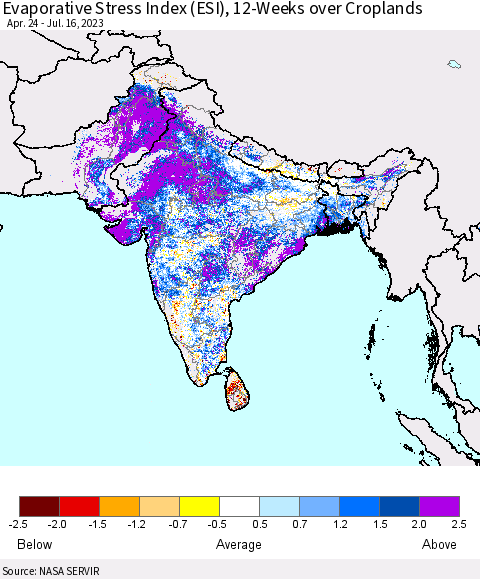 Southern Asia Evaporative Stress Index (ESI), 12-Weeks over Croplands Thematic Map For 7/10/2023 - 7/16/2023