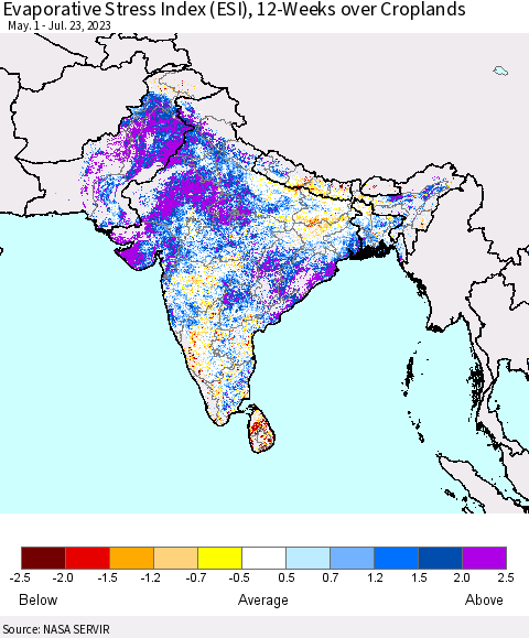 Southern Asia Evaporative Stress Index (ESI), 12-Weeks over Croplands Thematic Map For 7/17/2023 - 7/23/2023