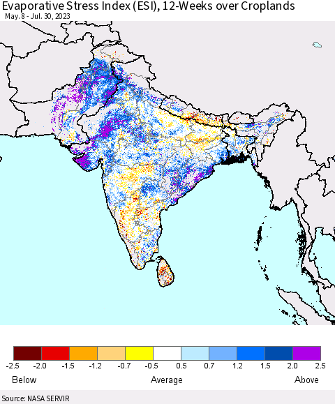 Southern Asia Evaporative Stress Index (ESI), 12-Weeks over Croplands Thematic Map For 7/24/2023 - 7/30/2023