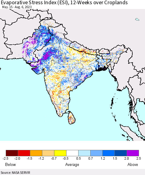 Southern Asia Evaporative Stress Index (ESI), 12-Weeks over Croplands Thematic Map For 7/31/2023 - 8/6/2023