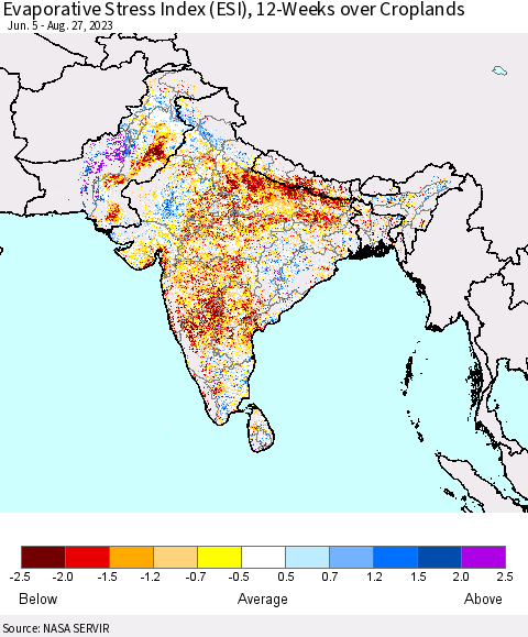 Southern Asia Evaporative Stress Index (ESI), 12-Weeks over Croplands Thematic Map For 8/21/2023 - 8/27/2023