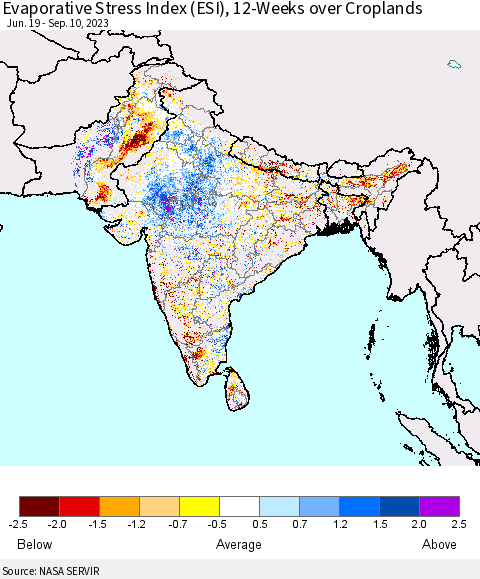 Southern Asia Evaporative Stress Index (ESI), 12-Weeks over Croplands Thematic Map For 9/4/2023 - 9/10/2023