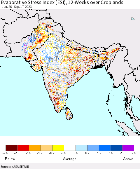 Southern Asia Evaporative Stress Index (ESI), 12-Weeks over Croplands Thematic Map For 9/11/2023 - 9/17/2023