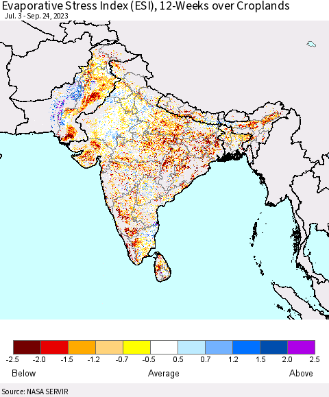 Southern Asia Evaporative Stress Index (ESI), 12-Weeks over Croplands Thematic Map For 9/18/2023 - 9/24/2023