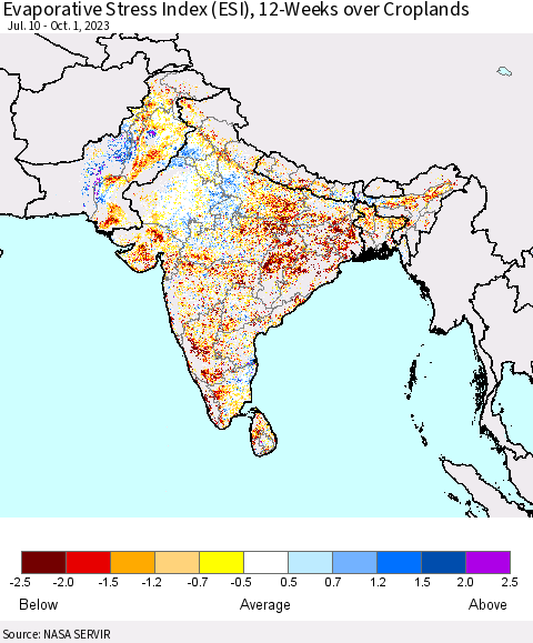 Southern Asia Evaporative Stress Index (ESI), 12-Weeks over Croplands Thematic Map For 9/25/2023 - 10/1/2023