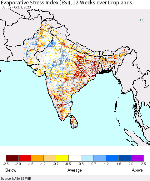 Southern Asia Evaporative Stress Index (ESI), 12-Weeks over Croplands Thematic Map For 10/2/2023 - 10/8/2023