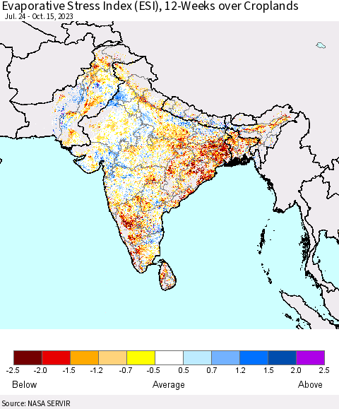 Southern Asia Evaporative Stress Index (ESI), 12-Weeks over Croplands Thematic Map For 10/9/2023 - 10/15/2023