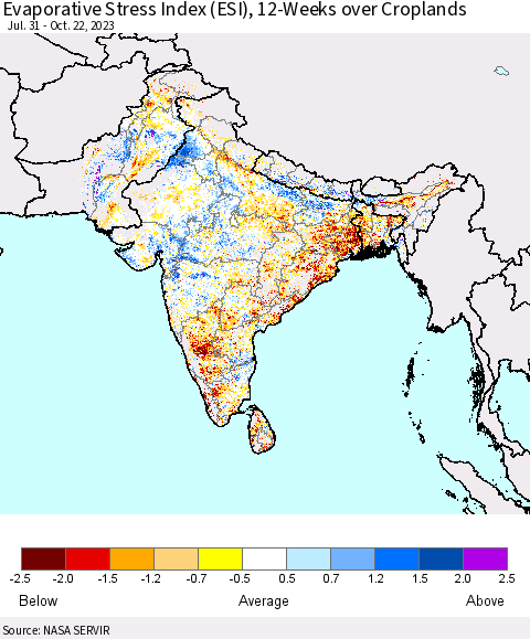 Southern Asia Evaporative Stress Index (ESI), 12-Weeks over Croplands Thematic Map For 10/16/2023 - 10/22/2023