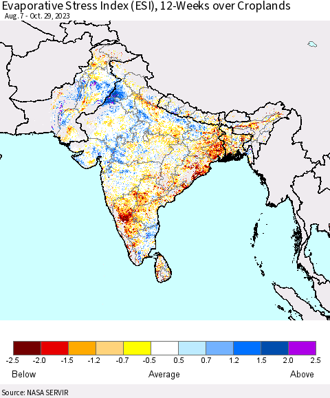 Southern Asia Evaporative Stress Index (ESI), 12-Weeks over Croplands Thematic Map For 10/23/2023 - 10/29/2023