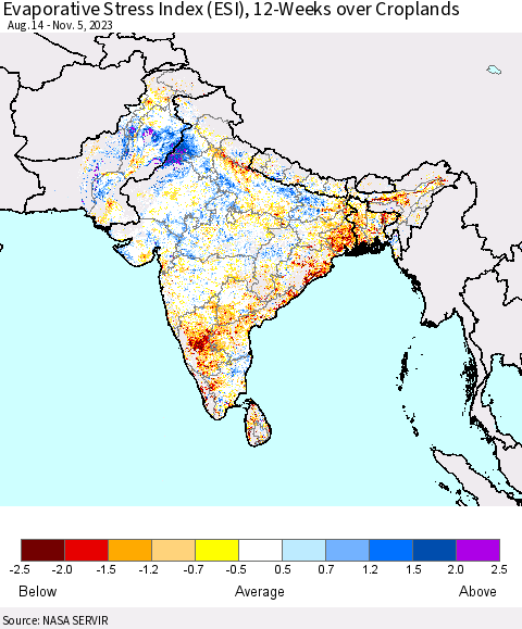 Southern Asia Evaporative Stress Index (ESI), 12-Weeks over Croplands Thematic Map For 10/30/2023 - 11/5/2023