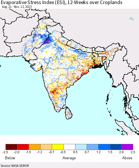 Southern Asia Evaporative Stress Index (ESI), 12-Weeks over Croplands Thematic Map For 11/6/2023 - 11/12/2023