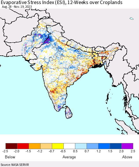 Southern Asia Evaporative Stress Index (ESI), 12-Weeks over Croplands Thematic Map For 11/13/2023 - 11/19/2023