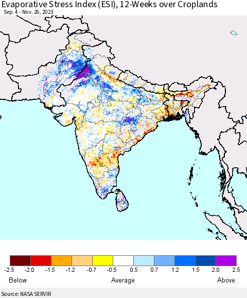 Southern Asia Evaporative Stress Index (ESI), 12-Weeks over Croplands Thematic Map For 11/20/2023 - 11/26/2023