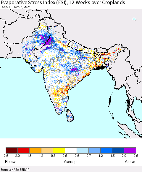 Southern Asia Evaporative Stress Index (ESI), 12-Weeks over Croplands Thematic Map For 11/27/2023 - 12/3/2023