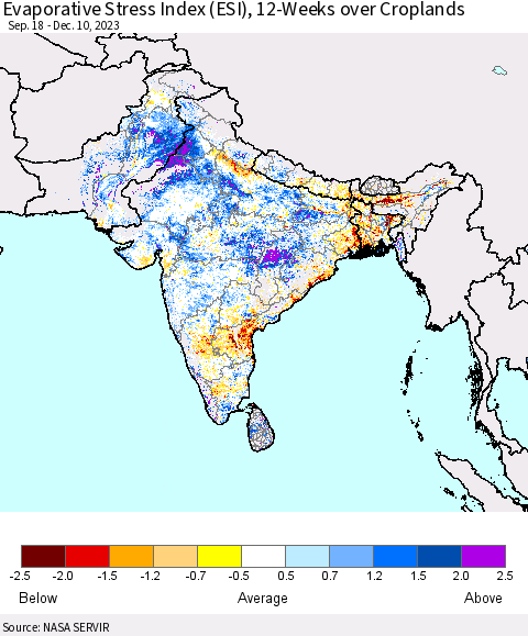 Southern Asia Evaporative Stress Index (ESI), 12-Weeks over Croplands Thematic Map For 12/4/2023 - 12/10/2023