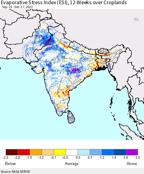 Southern Asia Evaporative Stress Index (ESI), 12-Weeks over Croplands Thematic Map For 12/11/2023 - 12/17/2023
