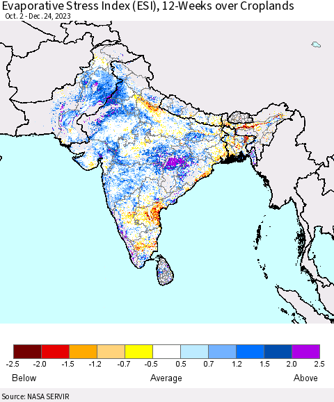 Southern Asia Evaporative Stress Index (ESI), 12-Weeks over Croplands Thematic Map For 12/18/2023 - 12/24/2023