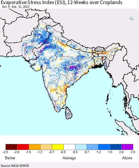 Southern Asia Evaporative Stress Index (ESI), 12-Weeks over Croplands Thematic Map For 12/25/2023 - 12/31/2023