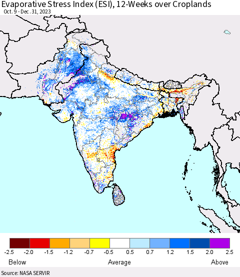 Southern Asia Evaporative Stress Index (ESI), 12-Weeks over Croplands Thematic Map For 1/1/2024 - 1/7/2024