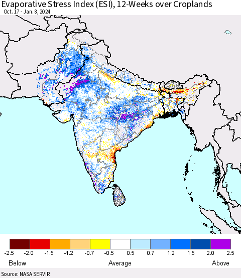 Southern Asia Evaporative Stress Index (ESI), 12-Weeks over Croplands Thematic Map For 1/8/2024 - 1/14/2024