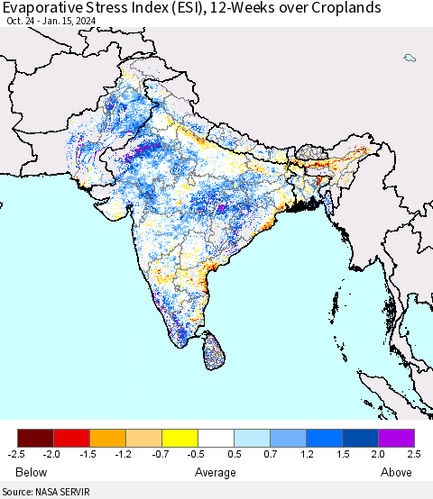 Southern Asia Evaporative Stress Index (ESI), 12-Weeks over Croplands Thematic Map For 1/15/2024 - 1/21/2024