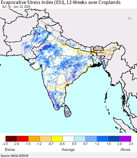 Southern Asia Evaporative Stress Index (ESI), 12-Weeks over Croplands Thematic Map For 1/22/2024 - 1/28/2024