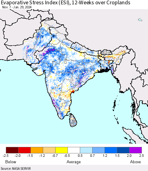 Southern Asia Evaporative Stress Index (ESI), 12-Weeks over Croplands Thematic Map For 1/29/2024 - 2/4/2024