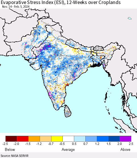 Southern Asia Evaporative Stress Index (ESI), 12-Weeks over Croplands Thematic Map For 2/5/2024 - 2/11/2024