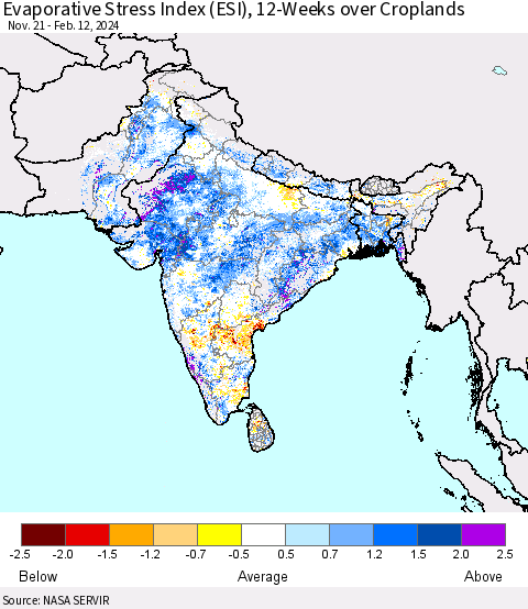 Southern Asia Evaporative Stress Index (ESI), 12-Weeks over Croplands Thematic Map For 2/12/2024 - 2/18/2024