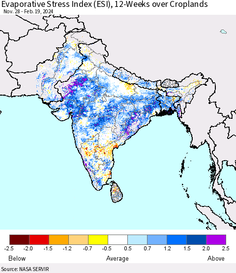 Southern Asia Evaporative Stress Index (ESI), 12-Weeks over Croplands Thematic Map For 2/19/2024 - 2/25/2024
