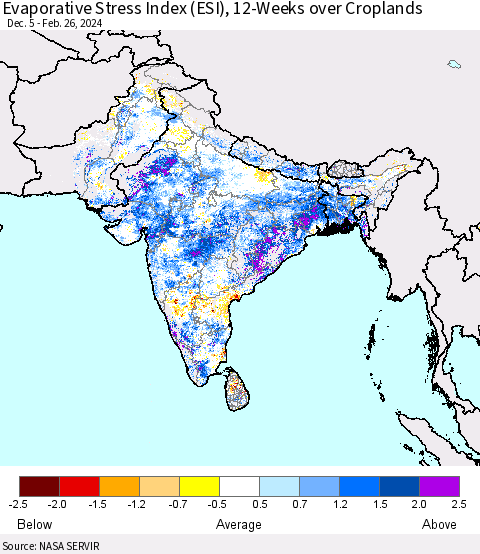 Southern Asia Evaporative Stress Index (ESI), 12-Weeks over Croplands Thematic Map For 2/26/2024 - 3/3/2024