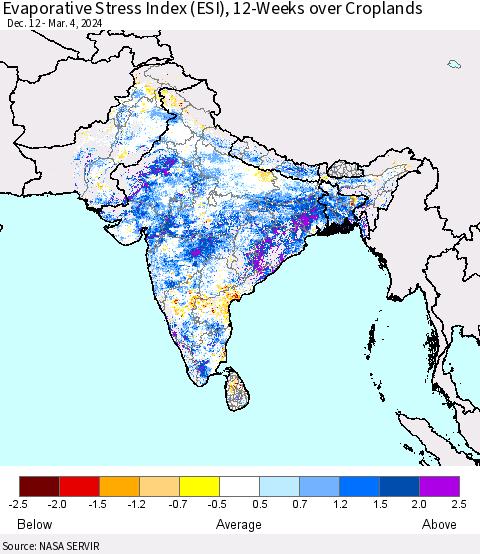 Southern Asia Evaporative Stress Index (ESI), 12-Weeks over Croplands Thematic Map For 3/4/2024 - 3/10/2024