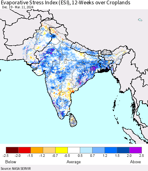 Southern Asia Evaporative Stress Index (ESI), 12-Weeks over Croplands Thematic Map For 3/11/2024 - 3/17/2024
