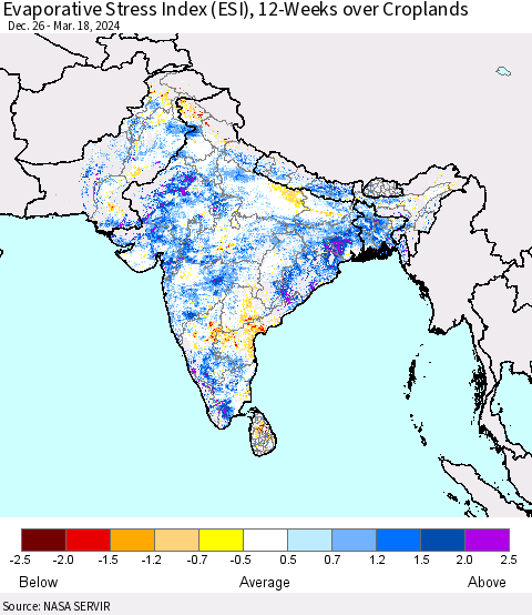Southern Asia Evaporative Stress Index (ESI), 12-Weeks over Croplands Thematic Map For 3/18/2024 - 3/24/2024