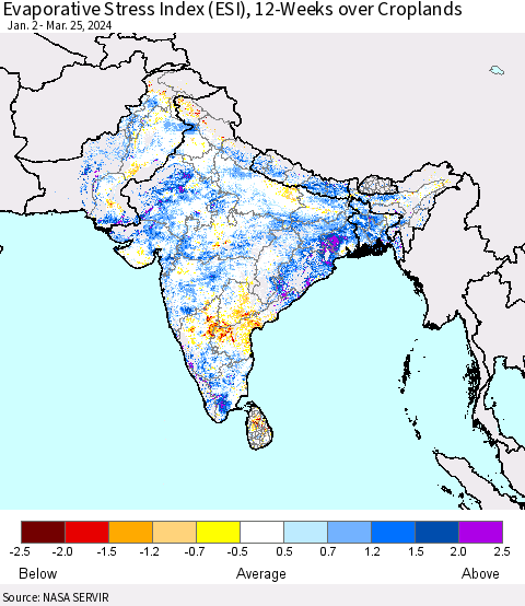 Southern Asia Evaporative Stress Index (ESI), 12-Weeks over Croplands Thematic Map For 3/25/2024 - 3/31/2024