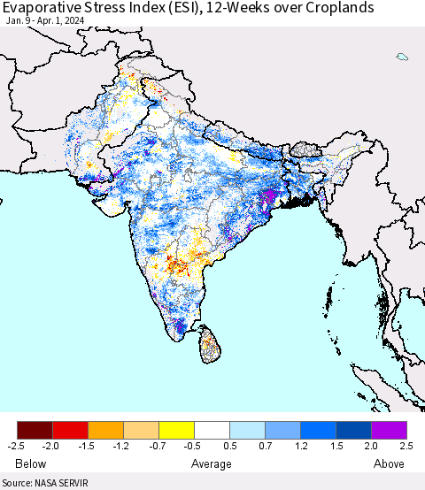 Southern Asia Evaporative Stress Index (ESI), 12-Weeks over Croplands Thematic Map For 4/1/2024 - 4/7/2024