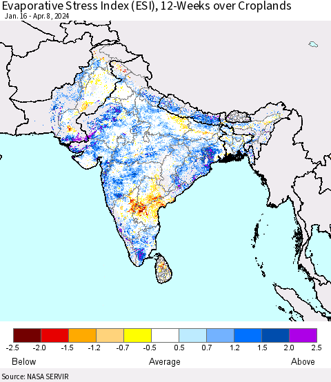 Southern Asia Evaporative Stress Index (ESI), 12-Weeks over Croplands Thematic Map For 4/8/2024 - 4/14/2024