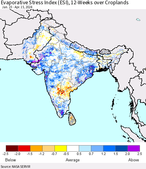 Southern Asia Evaporative Stress Index (ESI), 12-Weeks over Croplands Thematic Map For 4/15/2024 - 4/21/2024