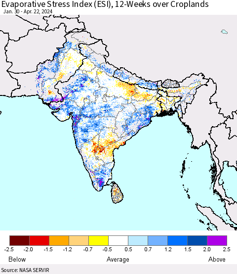 Southern Asia Evaporative Stress Index (ESI), 12-Weeks over Croplands Thematic Map For 4/22/2024 - 4/28/2024