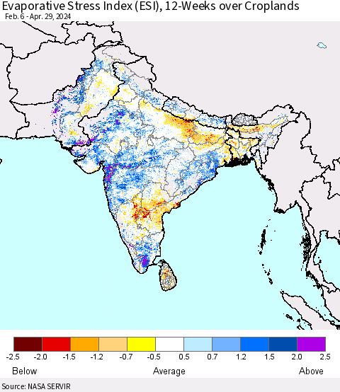 Southern Asia Evaporative Stress Index (ESI), 12-Weeks over Croplands Thematic Map For 4/29/2024 - 5/5/2024