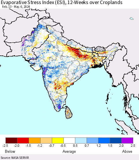 Southern Asia Evaporative Stress Index (ESI), 12-Weeks over Croplands Thematic Map For 5/6/2024 - 5/12/2024