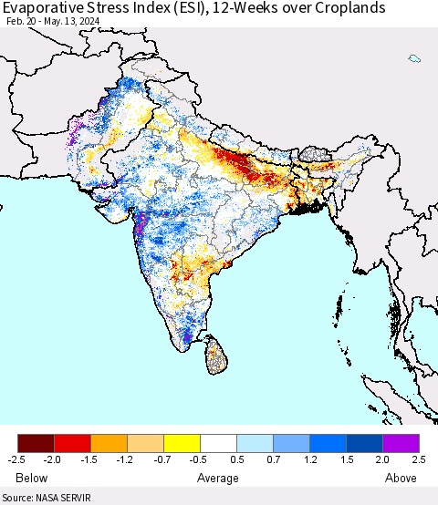 Southern Asia Evaporative Stress Index (ESI), 12-Weeks over Croplands Thematic Map For 5/13/2024 - 5/19/2024