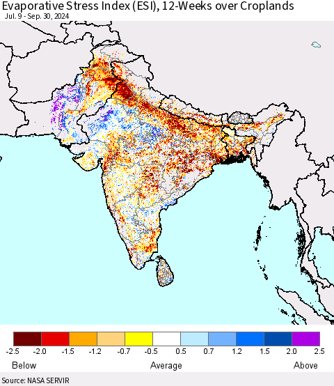 Southern Asia Evaporative Stress Index (ESI), 12-Weeks over Croplands Thematic Map For 9/30/2024 - 10/6/2024