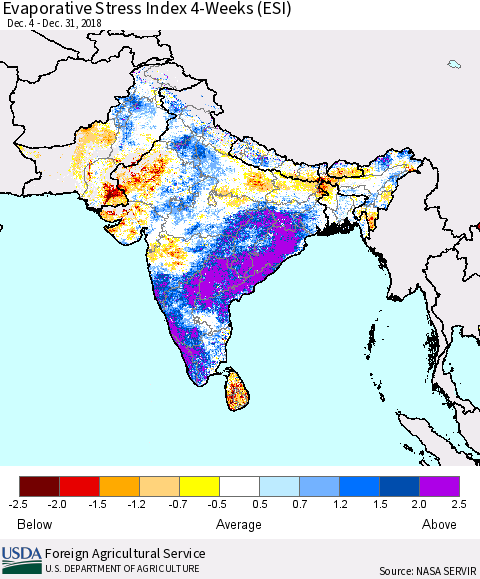 Southern Asia Evaporative Stress Index (ESI), 4-Weeks Thematic Map For 12/31/2018 - 1/6/2019