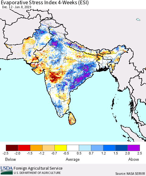 Southern Asia Evaporative Stress Index (ESI), 4-Weeks Thematic Map For 1/7/2019 - 1/13/2019